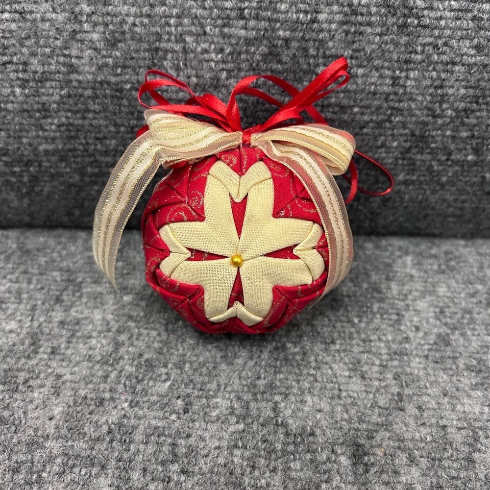 Handmade Quilted Fabric Star Ornament Red Gold Metallic Holiday Christmas Decor